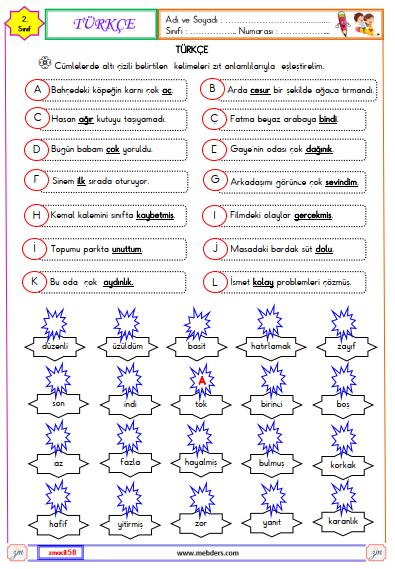 2. Sınıf Türkçe Zıt Anlamlı Kelimeler Etkinliği